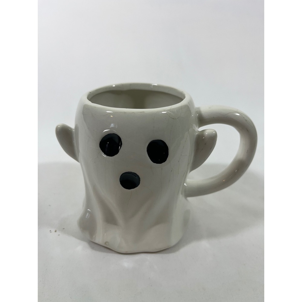 Boston Warehouse Leaf & Bean Ceramic Ghost Mug Boo Halloween Cracked‎ Glaze
